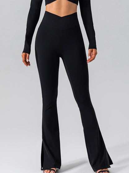 V-förmige Taille Tasche Einfarbig Split High-waisted Schlaghose