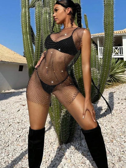 Sexy Fishnet Crystal Set Beach Dress Without Bikini
