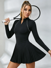 Long-Sleeve Half-Zip Pleated Tennis Dress with Built