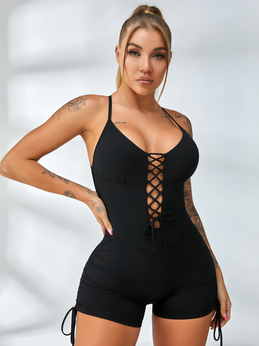 🖤ZASUWA Female Cross Back Lace-Up Short Romper