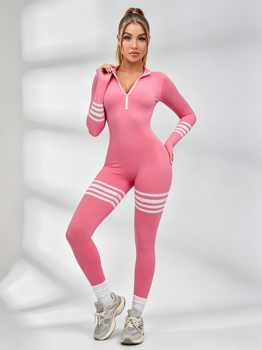 Sexy Contrast Color Stripes Zipper Jumpsuit