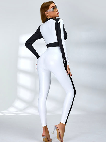 "SciFi Heroine" Contrast Color PU Half Zipper Jumpsuit