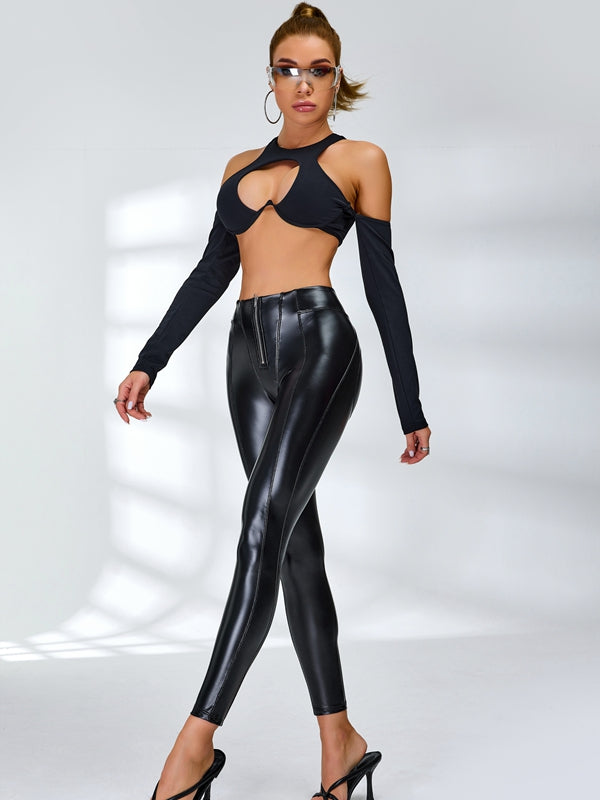 ZASUWA Female Fly-Eye Faux Leather Push-Up Zipper Hip-lift Hollow
