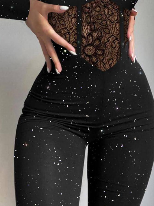 ZASUWA Female  Sexy Lace Cutout Shimmery Strap Jumpsuits