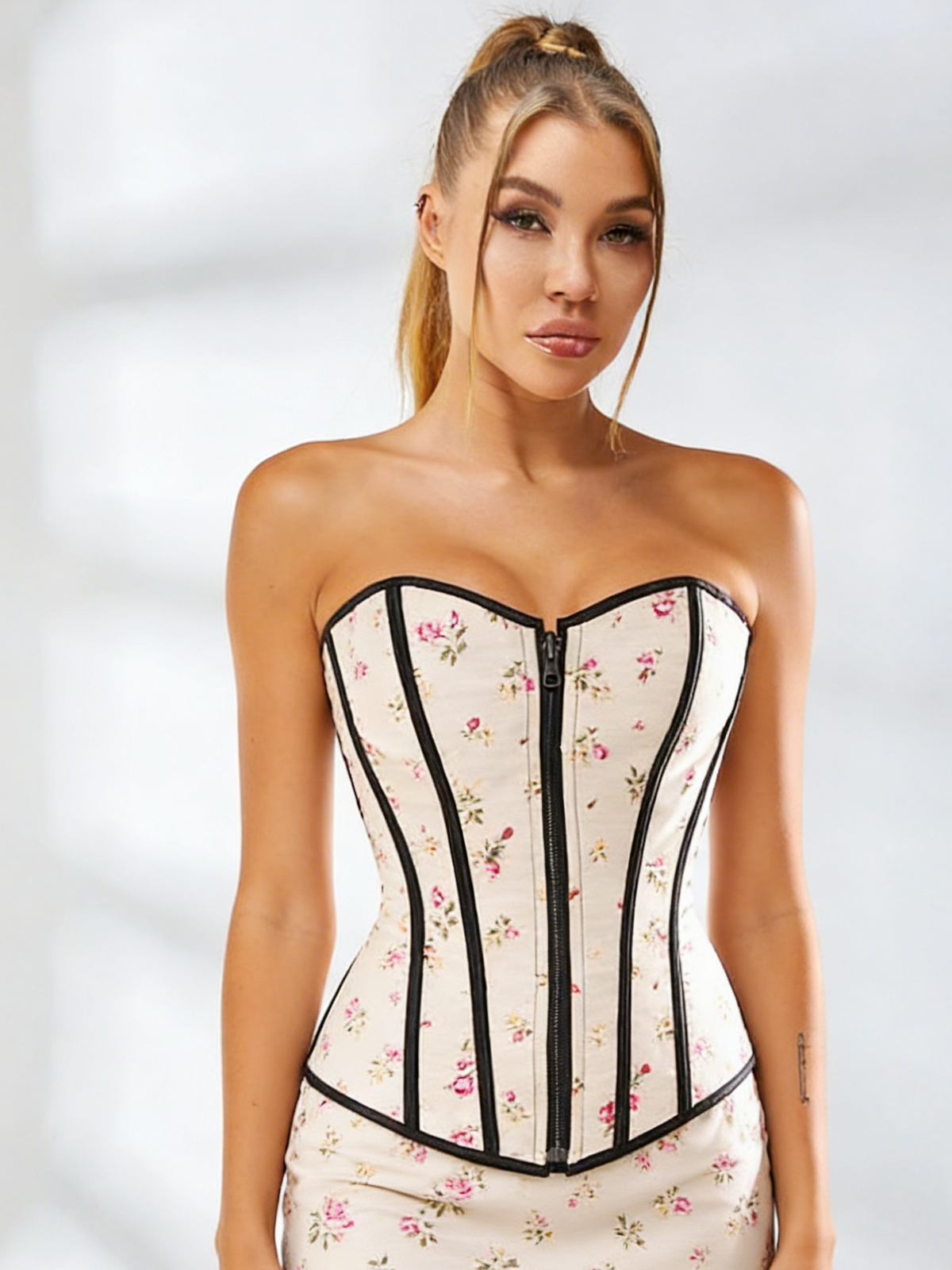 Zipper Flower Print Lace-up Shapewear