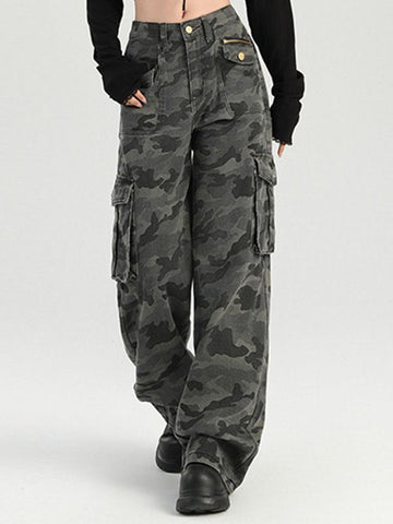 ZASUWA Female Pocket Casual Cargo Camouflage Print Pants