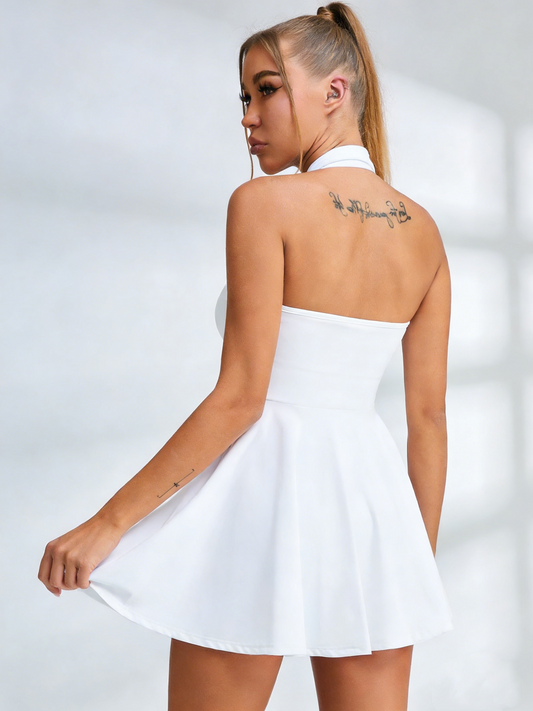 ZASUWA Female Stand up collar Backless 2 in1 Pocket Short Dress