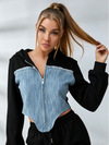 ZASUWA Female Contrast Color Denim Zipper Hoodie