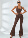 ZASUWA Female Sexy Leopard Print Hollow Out Cross Back Deep V Back Jumpsuit