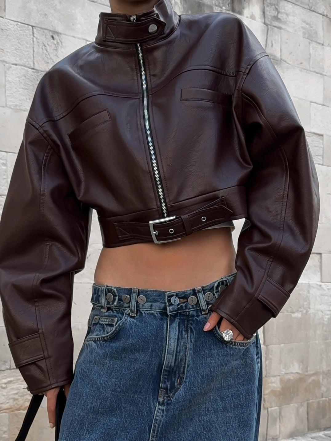 Zipper PU Trench Collar Buttons Jackets