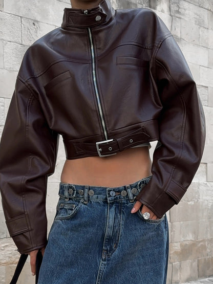 Zipper PU Trench Collar Buttons Jackets