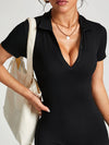 ZASUWA Female Buttons Solid Color Stand Up Collar Deep V Back Jumpsuit