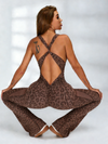 ZASUWA Female Sexy Leopard Print Hollow Out Cross Back Deep V Back Jumpsuit