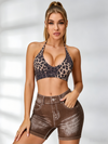 Leopard-Print-Faux-Denim-Neckholder mit Brustpolstern Kurzer Trainingsanzug