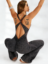 ZASUWA Female Sexy Leopard Print Hollow Out Cross Back Deep V Back Jumpsuit