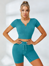 ZASUWA Female Knitted Chest Zipper Drawstring Ribbed Short Tracksuit