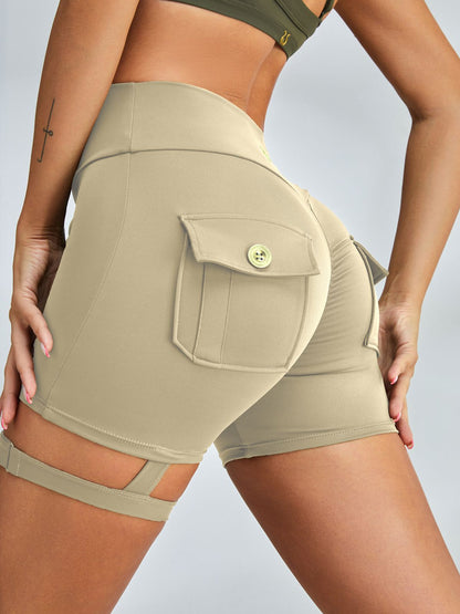 Unique Cut Out Pocket Mesh Scrunch Bum Spandex Gym Booty Shorts