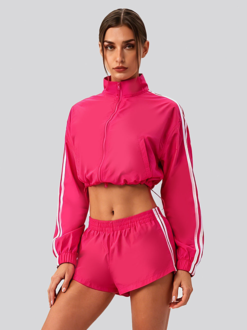 Women's Cropped Stand-Collar Full-Zip Track Jacket with Sleeve Stripes