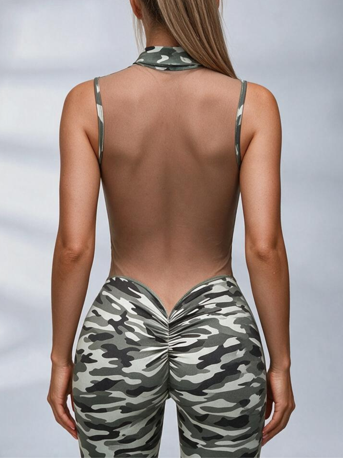 Camouflage Mesh Back Zip‑Up Sleeveless Jumpsuit