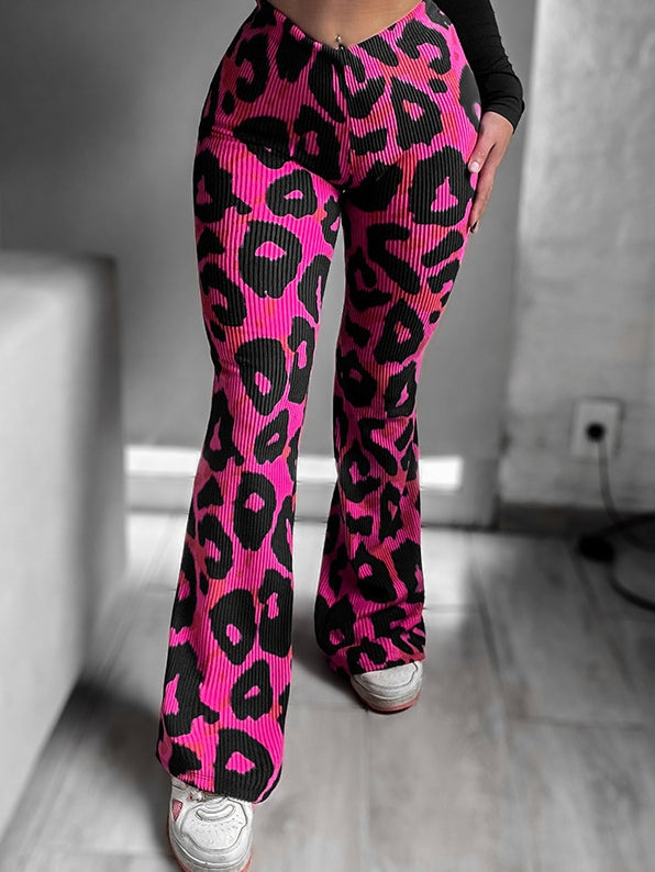 V-shaped Waist Contrast Color Leopard Print Flare Leggings
