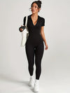 ZASUWA Female Buttons Solid Color Stand Up Collar Deep V Back Jumpsuit