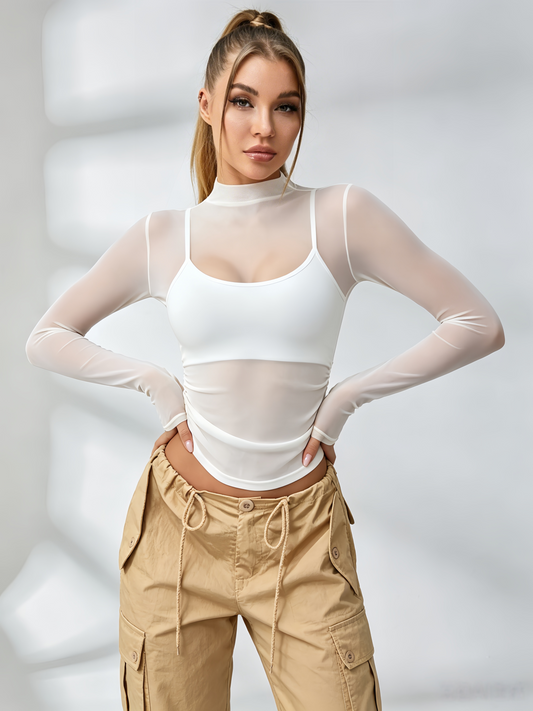 Solid Color Sheer Mesh Long Sleeves