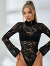 ZASUWA Female Sexy Round Neck Long Sleeves Flare Lace Bodysuit