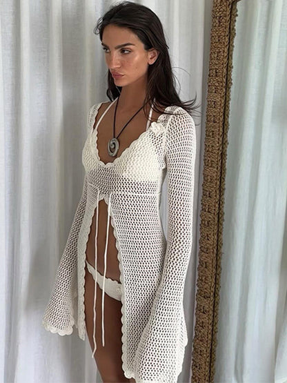 Sexy Fishnet Lace-up Hollow Out Without Bikini Set Swimwear Cover Dress