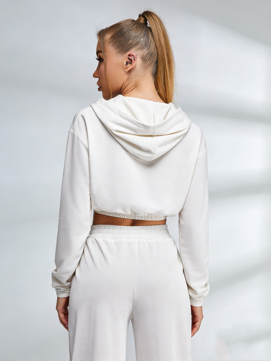 ZASUWA Female Velvet Zipper Pocket Hooded Casual Cropped Tracksuit