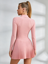 Long-Sleeve Half-Zip Pleated Tennis Dress with Built