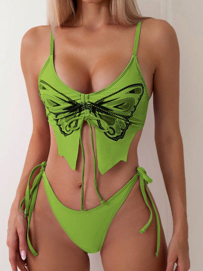 Butterfly Print Cut Out Tie Front Drawstring Swimsuit Bikini Set