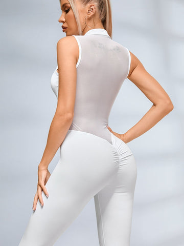 ❤ZASUWA Female Sexy Sheer Mesh Back Deep V Back Scrunch Bum Zipper Jumpsuit