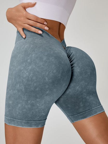 Deep V Back Faux Denim Scrunch Bum Spandex Gym Booty Shorts