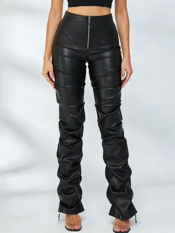 ZASUWA Damen Leggings aus Kunstleder mit Falten und Reißverschluss