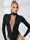 🖤ZASUWA Female Sexy Deep V See-Through Mesh Patchwork Long Sleeve Bodysuit