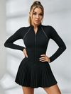 Long-Sleeve Half-Zip Pleated Tennis Dress with Built