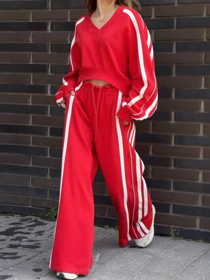 Contrast Color Stripes Big Heart Collar Pocket Casual Tracksuit