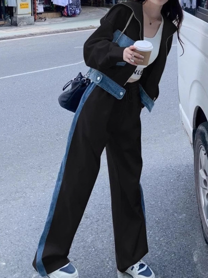 Sexy Denim Contrast Color Pocket Casual Tracksuit