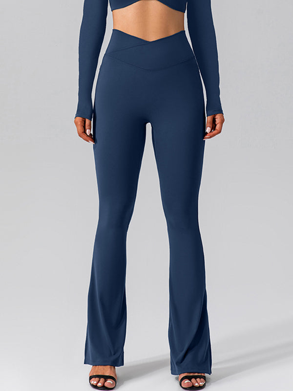 V-förmige Taille Tasche Einfarbig Split High-waisted Schlaghose