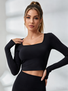 Hollow Out Faux Denim Cross Back Backless Yoga Long Sleeves