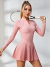Long-Sleeve Half-Zip Pleated Tennis Dress with Built