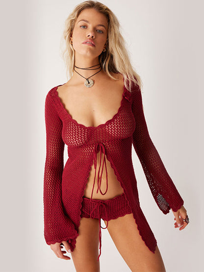 Sexy Fishnet Lace-up Hollow Out Without Bikini Set Swimwear Cover Dress