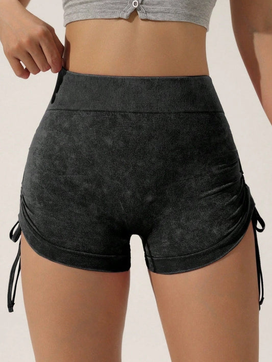 ZASUWA Female Scrunch Bum Deep V Back Drawstring Faux Denim Spandex Gym Booty Shorts