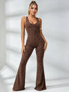 Sexy Leopard Print Hollow Out Cross Back Deep V Back Jumpsuit