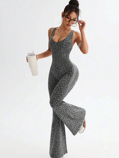 Sexy Leopard Print Hollow Out Cross Back Deep V Back Jumpsuit