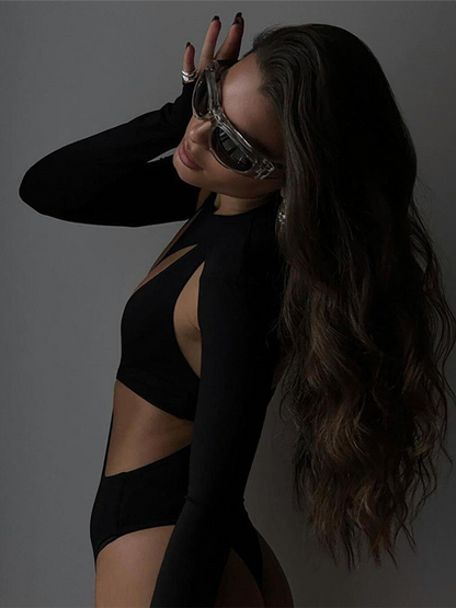 Sexy Hollow Out Backless Round Neck Long Sleeve Bodysuit