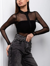 ZASUWA Female Zipper-Accent Sexy Sheer Mesh Long-Sleeve Bodysuit