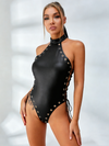 ZASUWA Female PU Faux Leather Lace-up Bodysuit