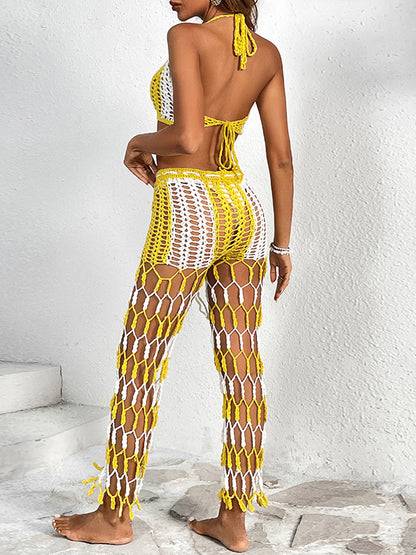 Sexy Contrast Color Fishnet Hollow Out 2-Pieces Without Bikini Set Swimwear Cover-up
