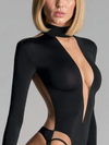 🖤ZASUWA Female Sexy Deep V See-Through Mesh Patchwork Long Sleeve Bodysuit